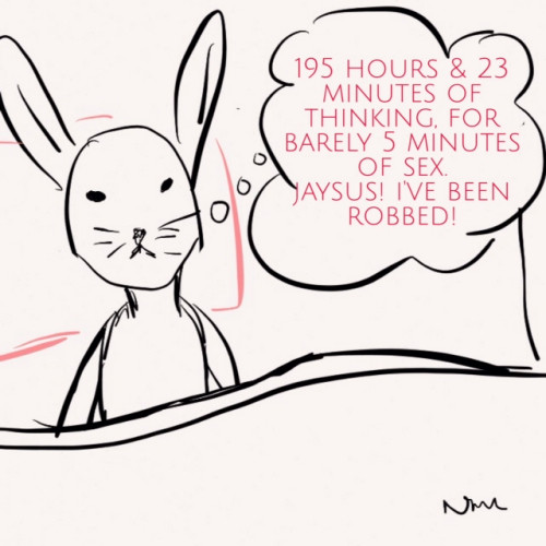 Bunny in bed wondering why she spent 195 minutes and 23 minutes worrying when she only got 5 minutes of sex