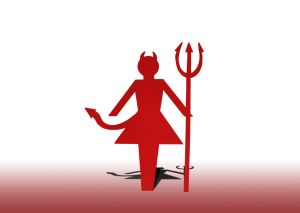 red paper girl devil with a fork 