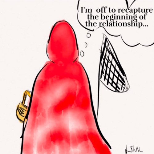 Red Riding Hood with a net off to capture the beginning of the relationship