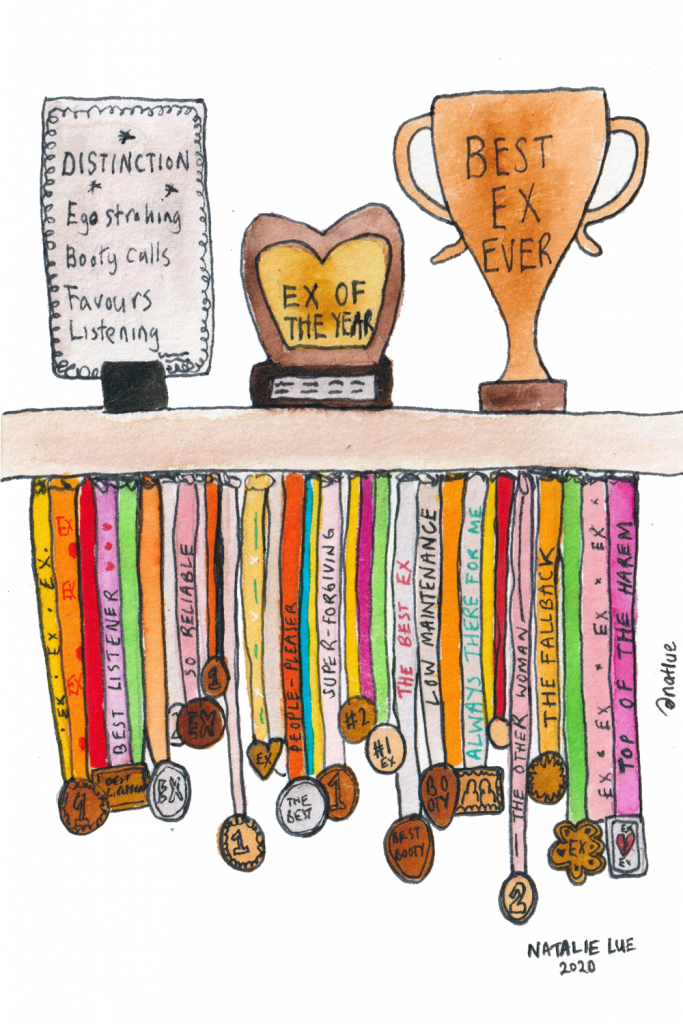 Illustration of medals and trophies for being able to stay friends with all of your exes. Illustration by Natalie Lue