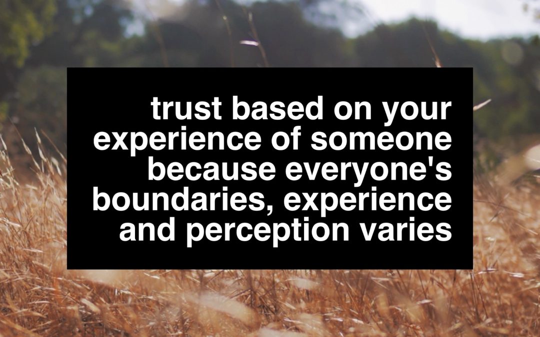 Trust based on your experience of someone because everyone's boundaries, experience and perception varies. By Nat Lue at Baggage Reclaim