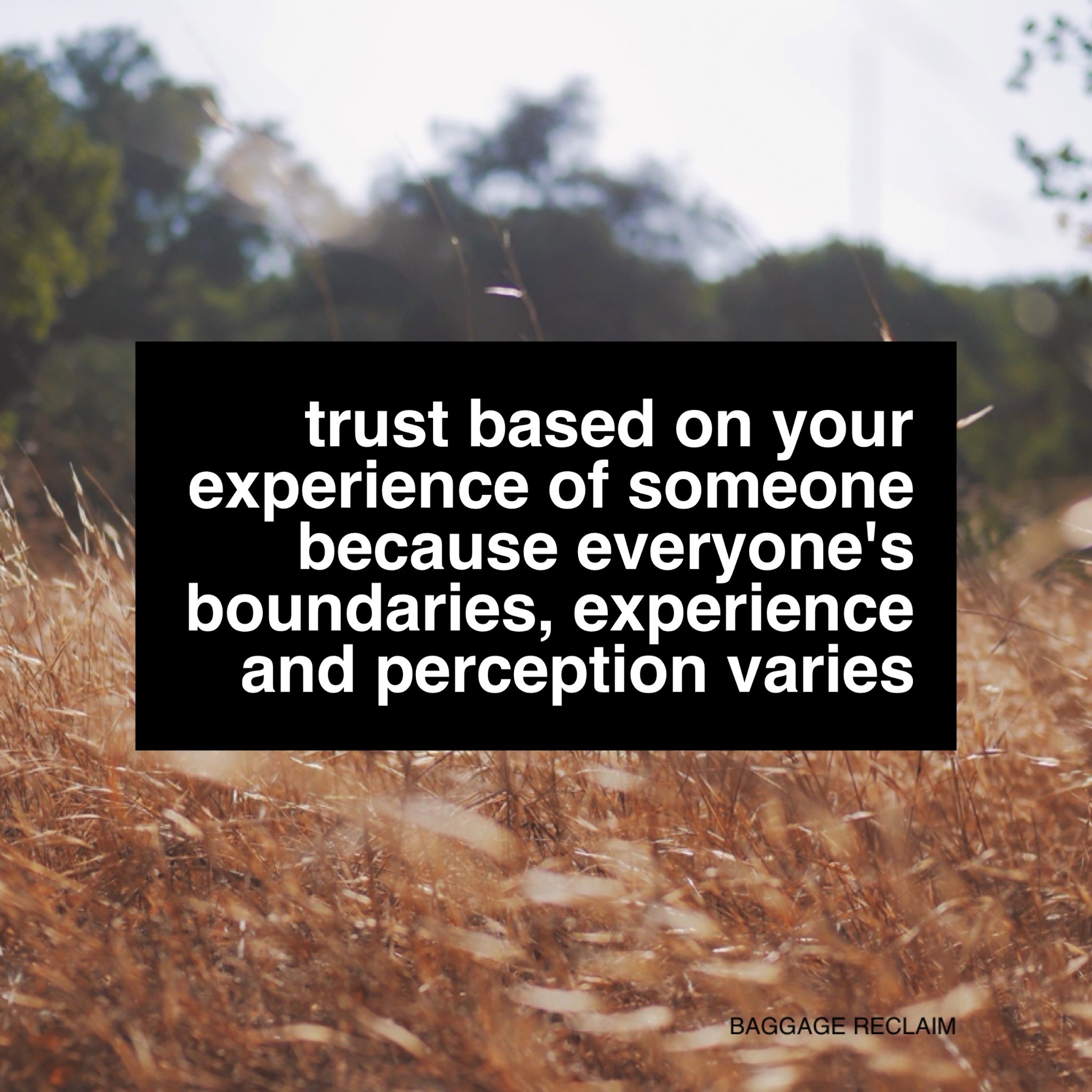 Trust based on your experience of someone because everyone's boundaries, experience and perception varies. By Nat Lue at Baggage Reclaim