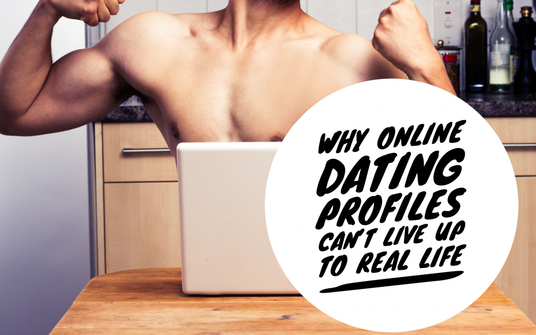 man flexing his muscles for webcam for online dating : Why online dating profiles can't live up to real life
