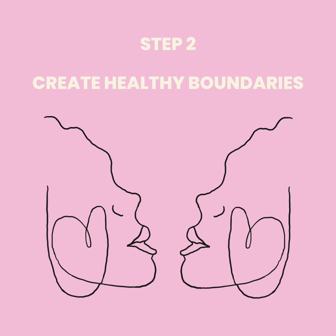 Step 2 create healthy boundaries on a pink background with drawing of two people facing each other