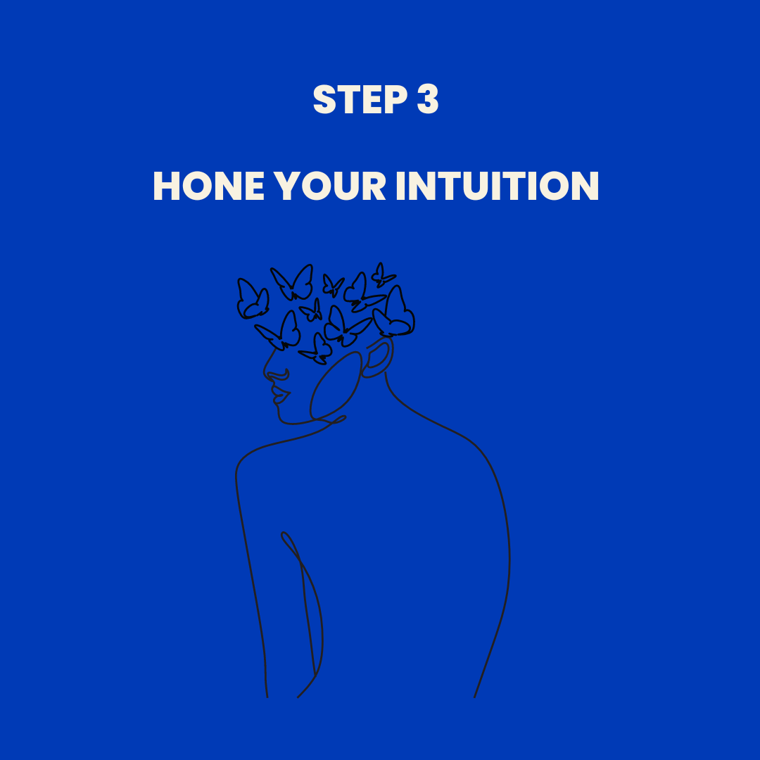 Step 3 hone your intuition image of a person hugging themselves with flowers on a blue background